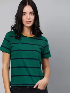 Harvard Women Green & Navy Blue Striped Round Neck T-shirt