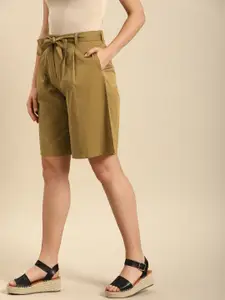 ether Women Khaki Solid Sustainable Shorts