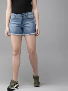 The Roadster Lifestyle Co Women Blue Washed Regular Fit Denim Shorts With Raw Edge