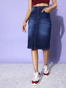 The Roadster Life Co. Women Deep Blue Washed Upgraded Denims Straight Skirt