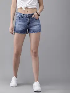 The Roadster Lifestyle Co Women Blue Regular Fit Washed Faded Denim Shorts