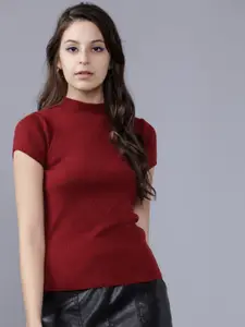 Basics By Tokyo Talkies Women Red Solid Pullover Sweater