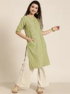 Taavi Women Green Woven Design Woven Legacy Straight Kurta with Pockets