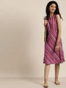 Taavi Pink & Blue Striped Woven Legacy Fit & Flare Sustainable Pure Cotton Dress with Pockets