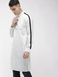 The Indian Garage Co Men White & Black Printed Straight Kurta With Stripe Detail