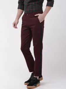 The Indian Garage Co Men Burgundy Slim Fit Solid Chinos With Side Strip Detail