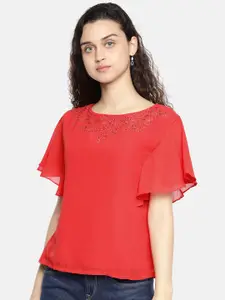 AND Women Red Solid Top With Embellished Detail