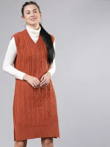 Tokyo Talkies Women Rust Brown Self Design Jumper Dress