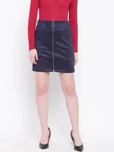 Marie Claire Women Navy Blue Solid A-Line Skirt With Suede Finish