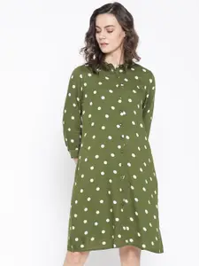 RARE Women Olive Green & Off-White Polka Dots Shirt Dress