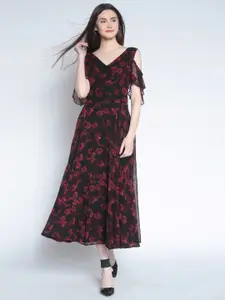 RARE Women Black & Red Floral Print Party Maxi Dress