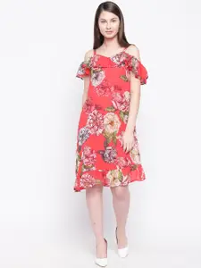 RARE Women Red & Green Floral Printed A-Line Cold Shoulder Dress