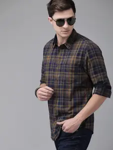 Roadster Men Olive Brown & Navy Blue Checked Pure Cotton Sustainable Casual Shirt