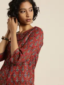 Taavi Women Red & Navy Blue Bagru Hand Block Print Regular Sustainable Pure Cotton Top With Full Button Placket