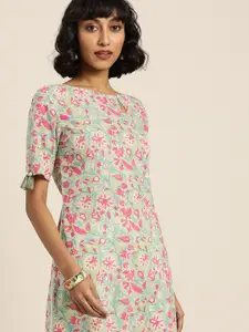 Taavi Women Green & Pink Hand Block Print Legacy Straight Kurta with Tassel Detail