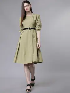 Tokyo Talkies Women Olive Green Solid Fit and Flare Dress