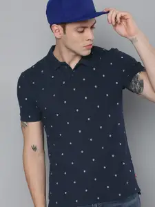 Levis Men Navy Blue  White Printed Polo Collar Pure Cotton T-shirt