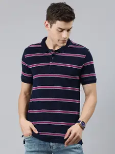 Levis Men Navy Blue  Magenta Pink Striped Polo Collar Pure Cotton T-shirt