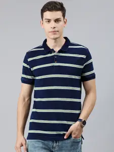 Levis Men Navy Blue  Green Striped Polo Collar Pure Cotton T-shirt
