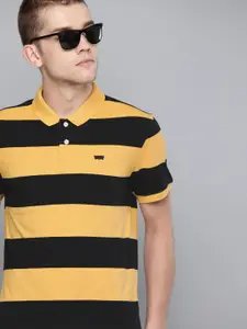 Levis Men Mustard Yellow  Black Striped Polo Collar Pure Cotton T-shirt