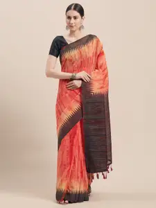 Rajnandini Peach-Coloured & Black Cotton Blend Woven Design Saree