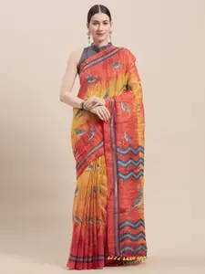 Rajnandini Yellow & Red Cotton Blend Printed Saree