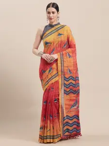 Rajnandini Red & Yellow Cotton Blend Printed Saree