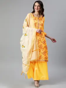 Rajnandini Yellow & Maroon Silk Blend Unstitched Dress Material