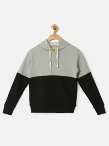 Instafab Boys Grey Melange & Black Colourblocked Hooded Sweatshirt