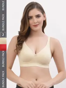 Floret Pack of 2 Beige & Red Solid Non-Wired Non Padded T-shirt Bra T3050