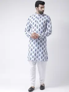 Hangup Men White & Blue Printed Kurta with Pyjama