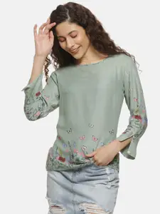 Campus Sutra Teal Green Floral Boat Neck Top