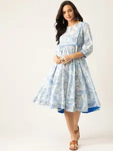 Sangria Women White & Blue Paisley Printed A-Line Dress