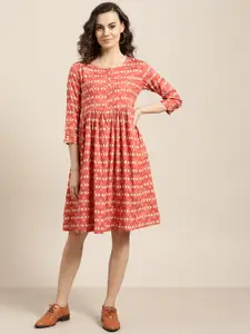 Sangria Women Coral Pink & Cream-Coloured Printed A-Line Dress