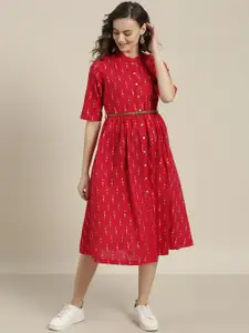 Sangria Red & White Geometric Printed Cotton A-Line Dress