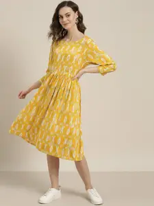 Sangria Mustard Yellow & Off-White Ikat Checked Woven Design A-Line Dress