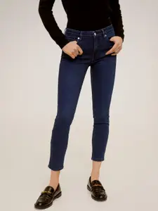 MANGO Women Navy Blue Skinny Fit Mid-Rise Clean Look Stretchable Cropped Sustainable Jeans