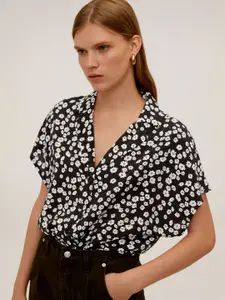 MANGO Women Black & White Floral Printed Regular Fit Casual Shirt
