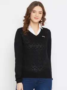 JUMP USA Women Black Self Design Acrylic Pullover Sweater