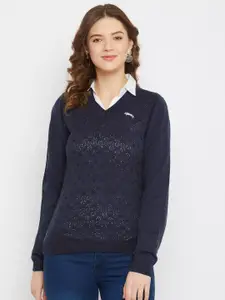 JUMP USA Women Navy Blue Self Design Acrylic Pullover Sweater