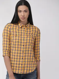 Levis Women Mustard Yellow & Navy Blue Regular Fit Checked Casual Shirt