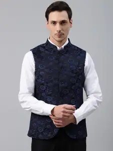 Blackberrys Men Black & Navy Blue Floral Woven Design Slim Fit Nehru Jacket with Brooch