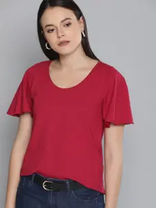 Chemistry Women Red Solid Pure Cotton Top With Flutter Sleeves