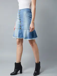 DOLCE CRUDO Blue Denim Washed Pure Cotton A-Line Skirt