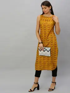 Anouk Women Mustard Yellow & Maroon Ikat Printed Straight Kurta