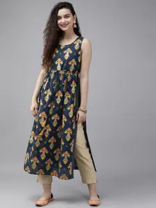 Anouk Women Navy Blue & Mustard Yellow Printed A-Line Kurta