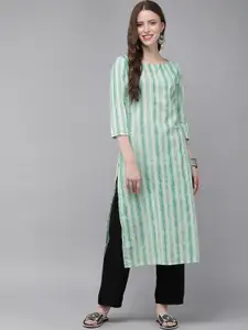Anouk Women Sea Green & Off-White Striped Straight Kurta