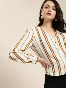 her by invictus Women White & Mustard Yellow Regular Fit Striped Casual Shirt