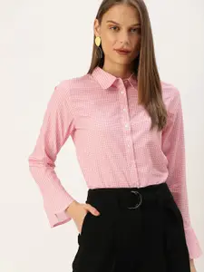 her by invictus Women Pink & White Regular Fit Checked Formal Shirt With Bell Sleeves