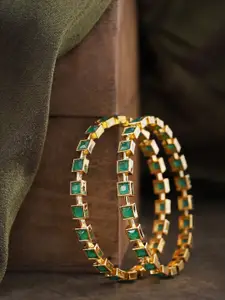 Priyaasi Set of 2 Green Gold-Plated Stone-Studded Handcrafted Bangles
